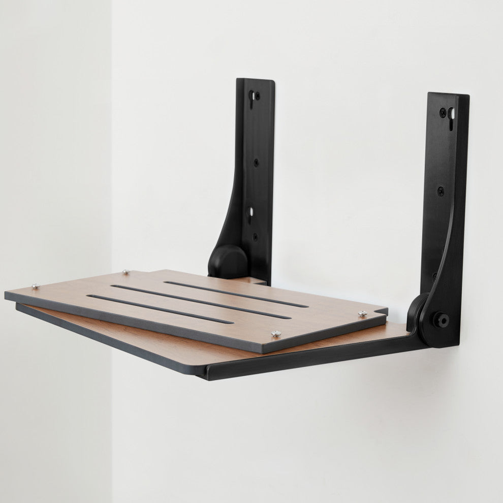 Silhouette Folding Wall Mount Shower Bench Seat, Rustic Teak, Matte Black Frame
