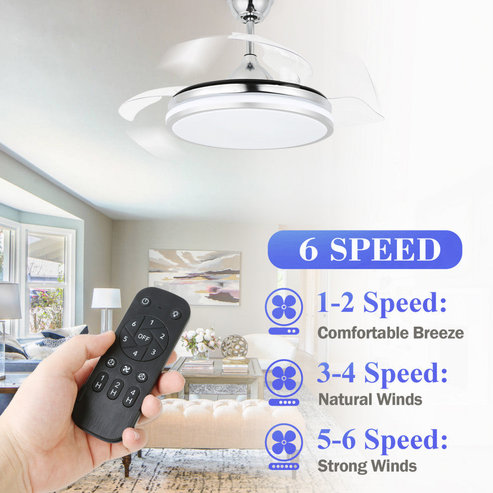 36W Reversible Ceiling Fan with Retractable Blades and Remote Control, Chrome