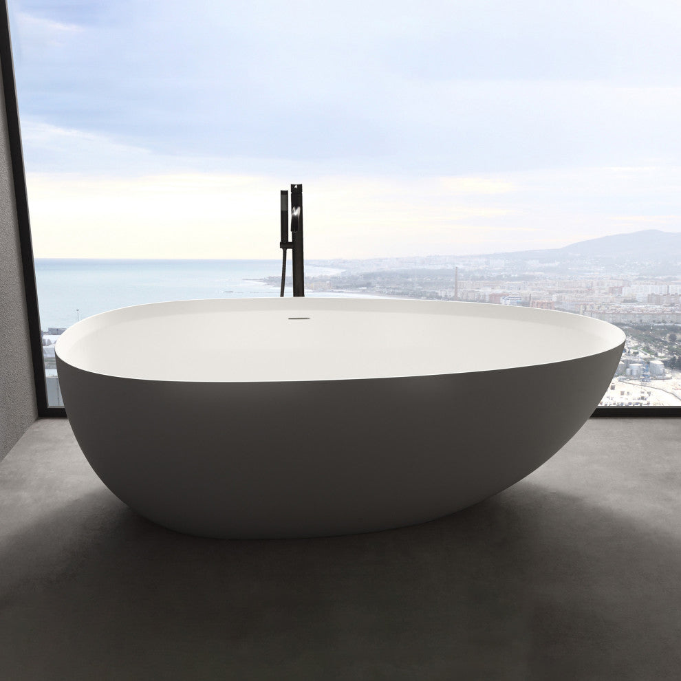Solid Surface Freestanding Soaking Bathtub, Drain, White/gray