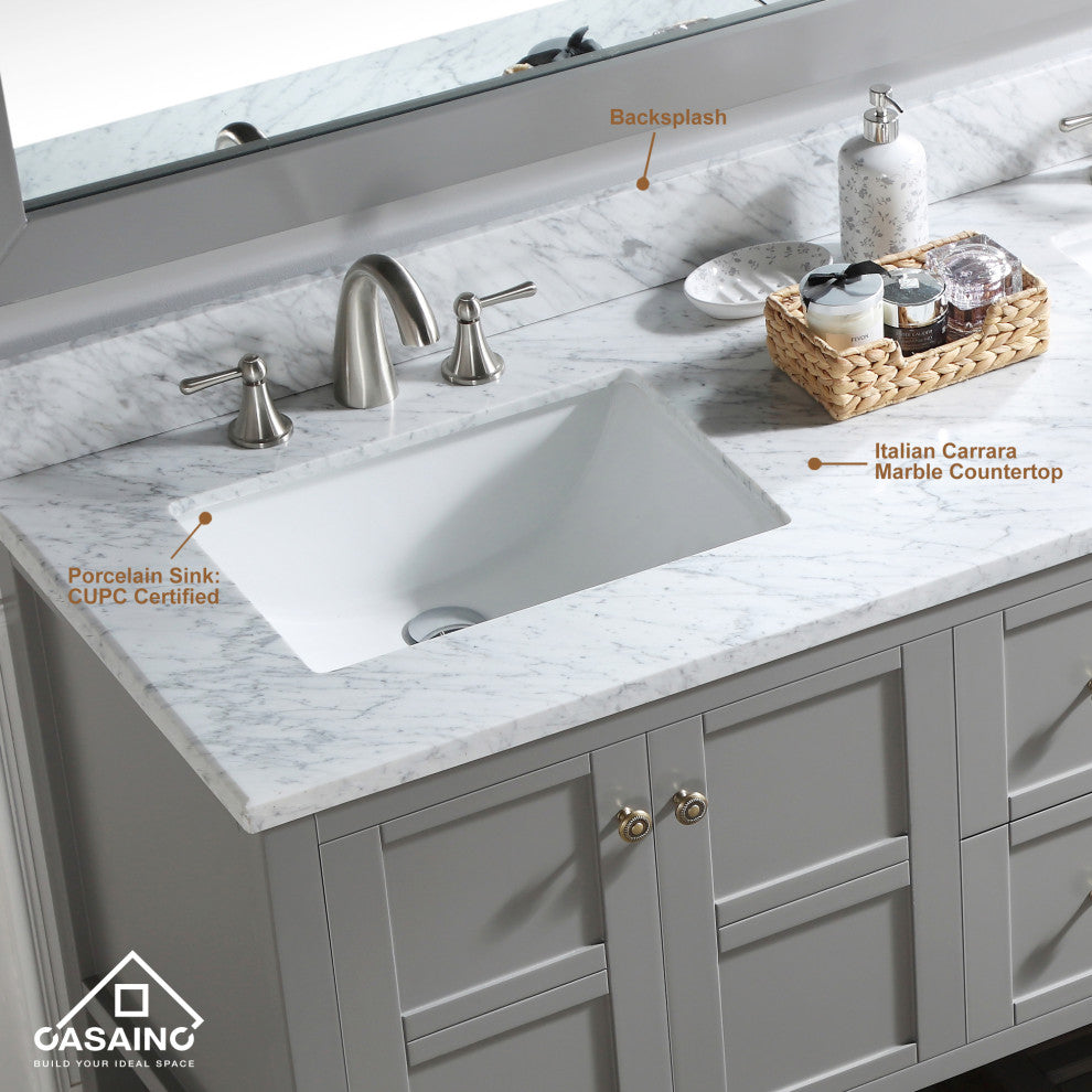 CASAINC 60" Marble Top Luxury Double Sink Bathroom Vanity, Gray