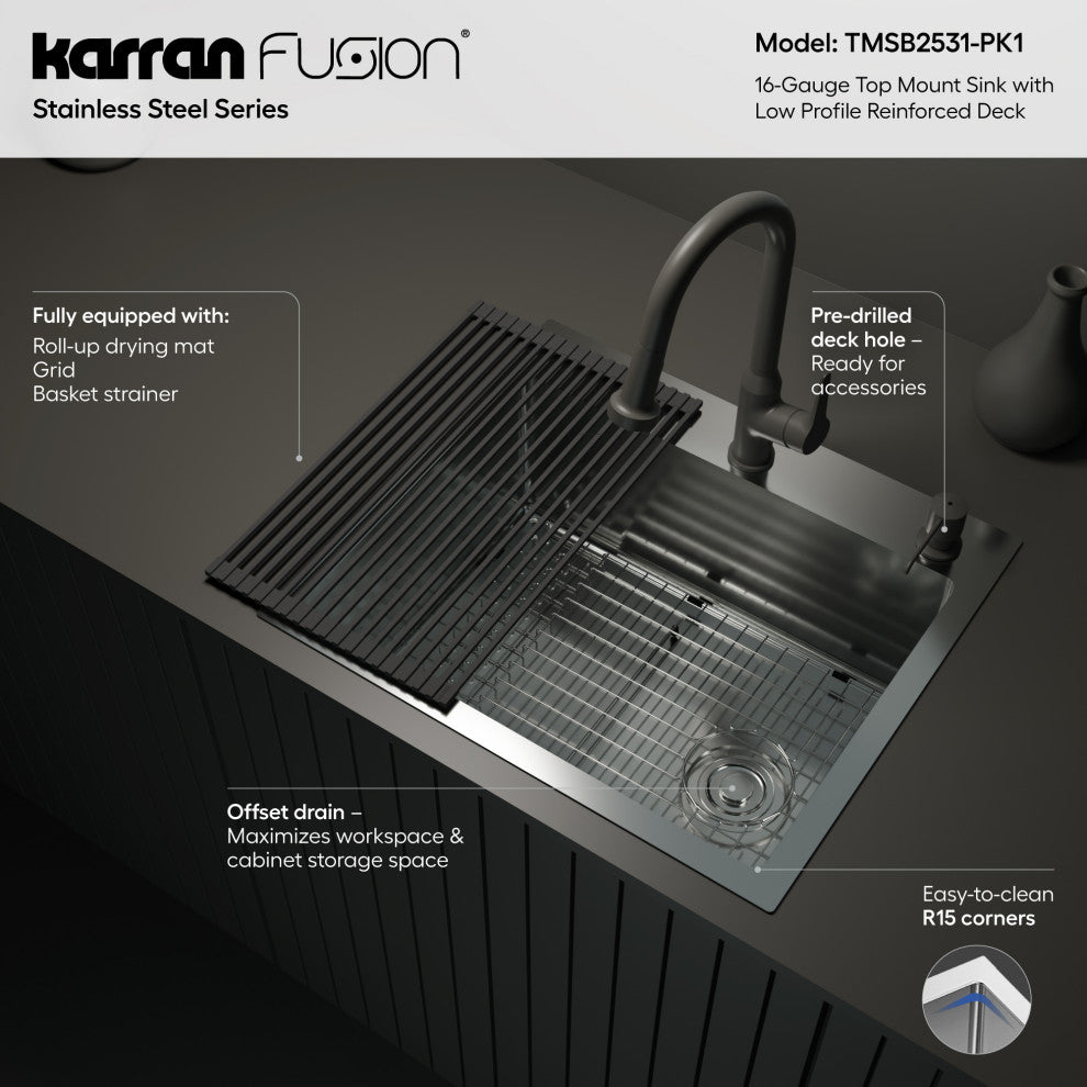 Karran Fusion Top Mount 25-in x 22-in Stainless Steel Single Bowl Kitchen Sink