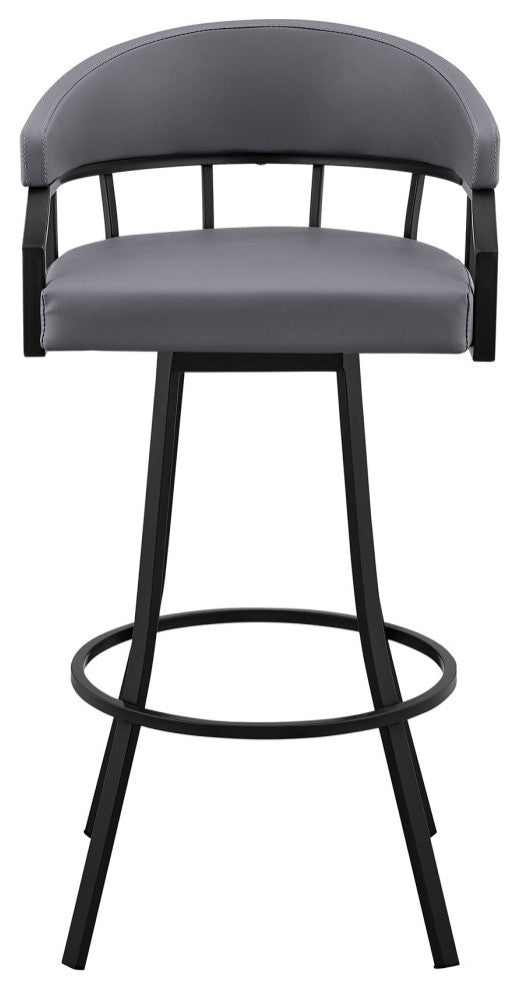 Valerie Swivel Brown Faux Leather and Java Brown Metal Bar Stool, Gray/Black, Bar Height