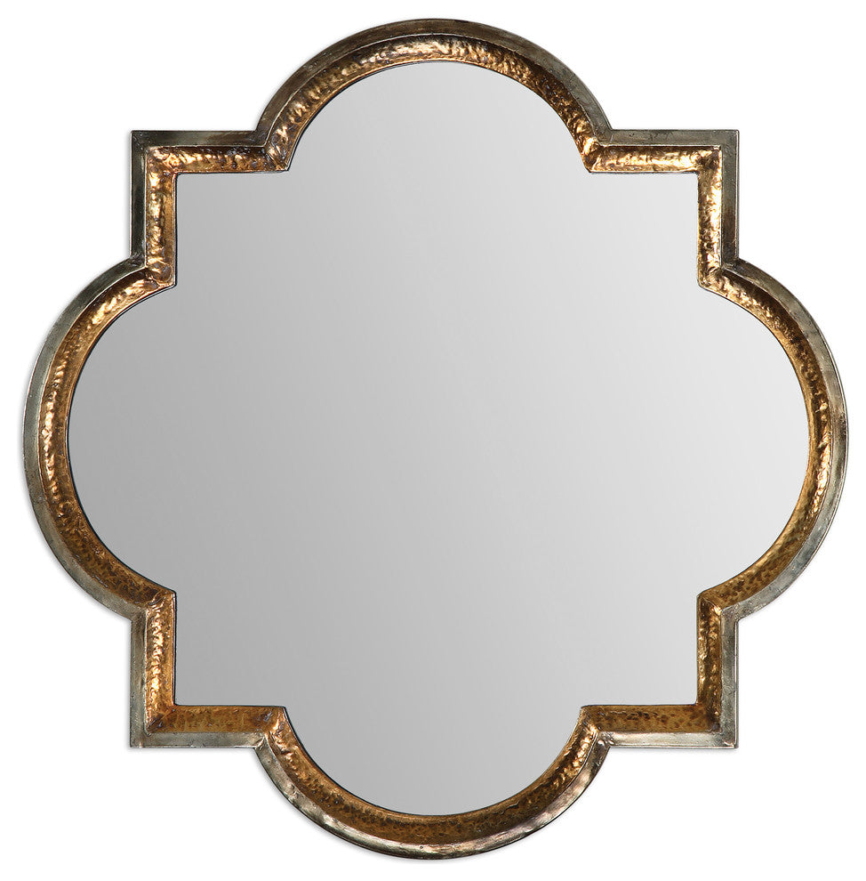 Designer 40" Hammered Gold Quatrefoil Wall Mirror, Square Vanity Vintage Style