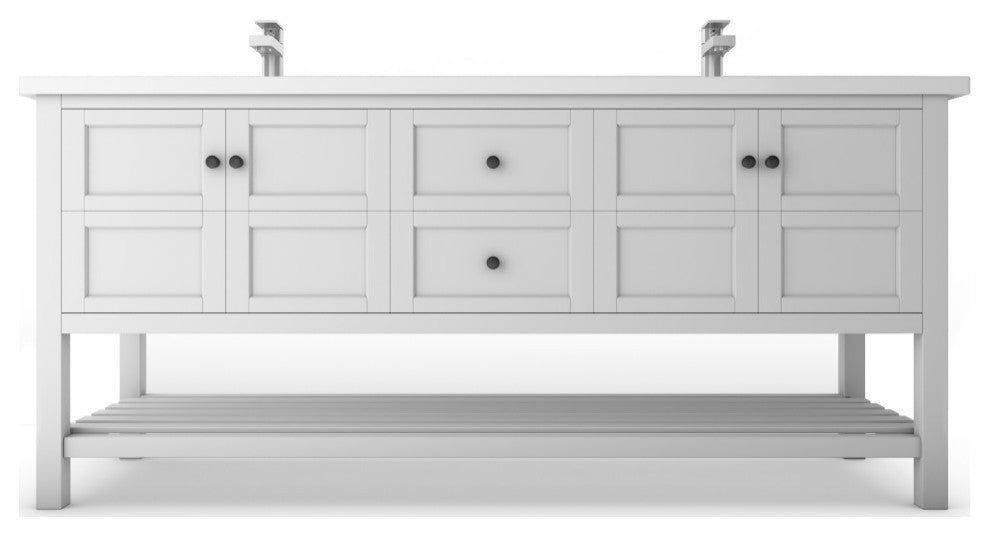 CastelloUSA Alicia 72" Freestanding Vanity Set, White, White Top, Black Handles