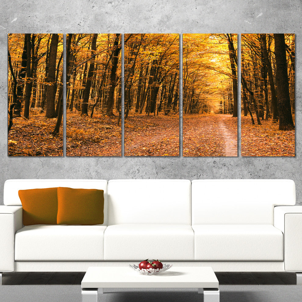 Pathway in Yellow Autumn Forest, Forest Canvas Art Print, 60"x28", 5 Panels