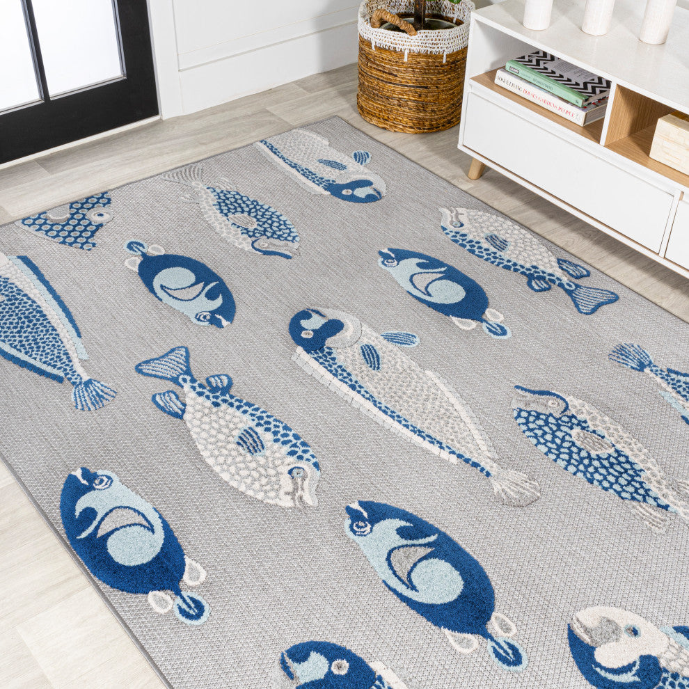 Algarve Modern Fish High-Low Indoor/Outdoor Area Rug, Gray/Navy, 5 X 8