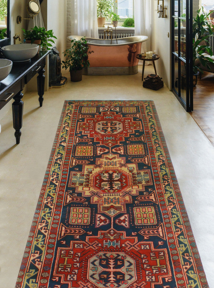 Fine Vintage Distressed Joyce Navy/Beige Runner, 4'2x11'0