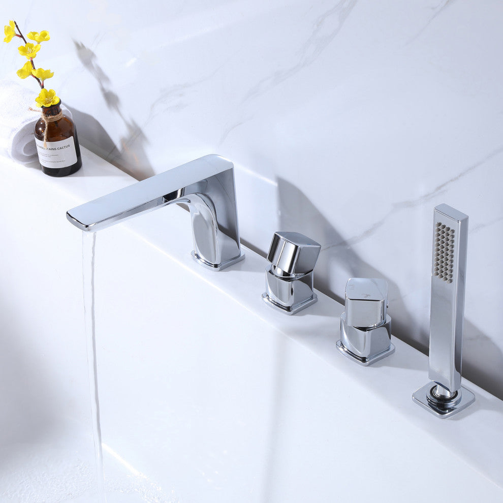 Deck Mount Roman Dual Handles Tub Faucet with Hand Shower, Chrome