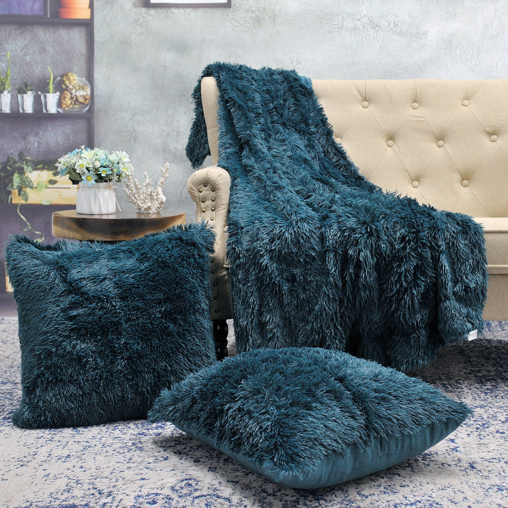 Shaggy Throw Blanket and 2 Pillow Shell 3 Piece Set, Teal, Throw 60"x80" and 2 Pillow Shells 20"x20"