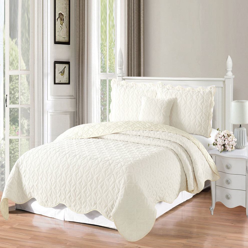 Diamond Square Quilted Coverlet 4-Piece Bedspread Set, Ivory, Queen
