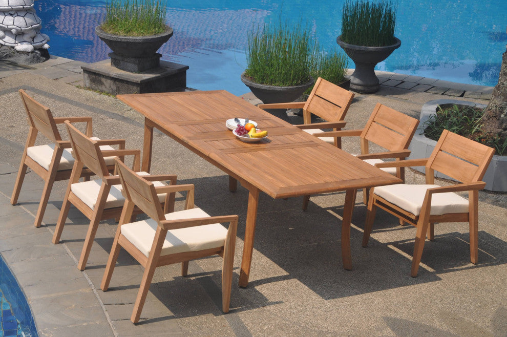 7-Piece Outdoor Teak Dining Set: 94" Rectangle Table, 6 Celo Stacking Arm Chairs