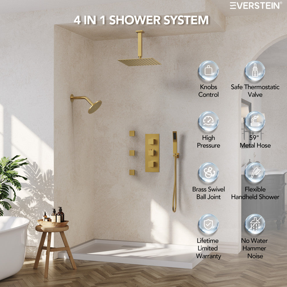 Thermostatic Dual Heads 12" Rainfall Shower System With 3 Body Jets, Brushed Gold