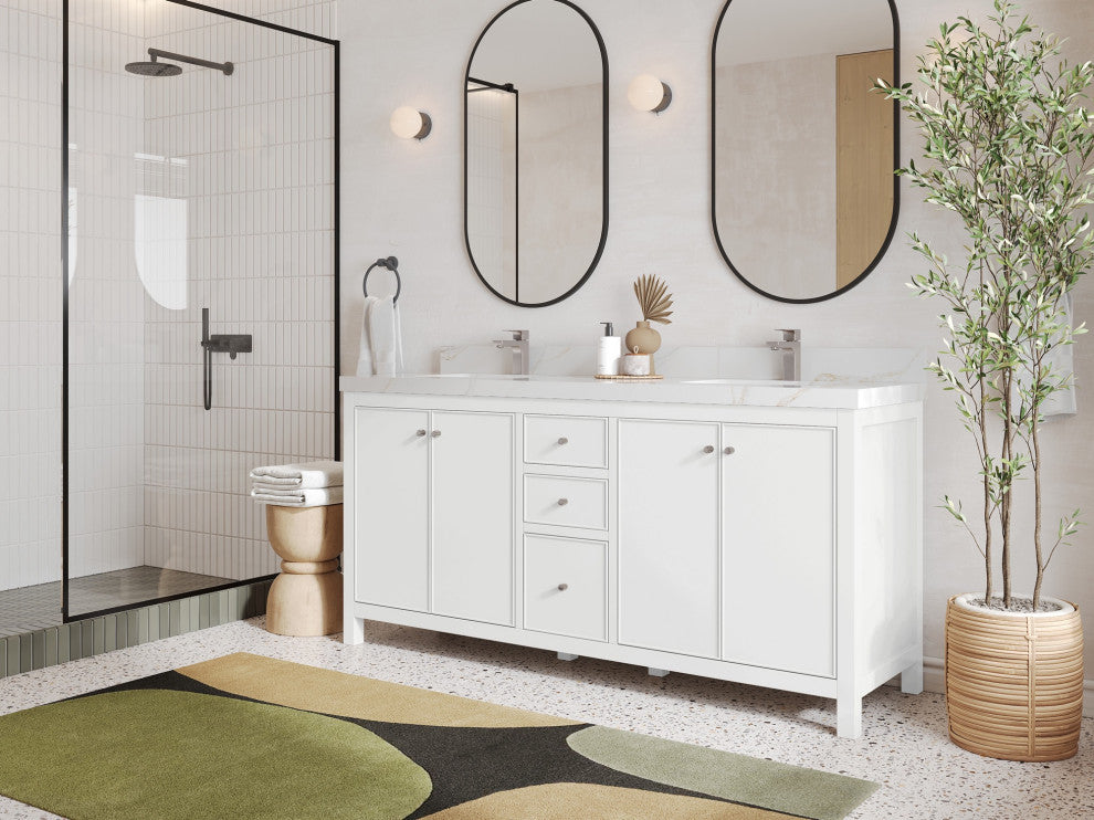 Chicago 72" Double Sink Bathroom Vanity, White 2" Empira Quartz