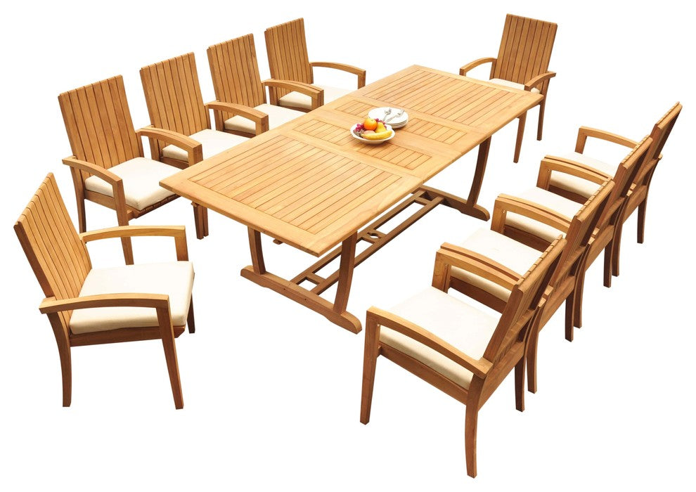 11-Piece Outdoor Teak Dining 94" Masc Rectangle Table, 10 Goa Stacking Chairs