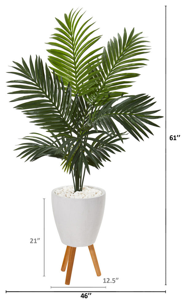 61" Paradise Palm Artificial Tree, White Planter With Stand
