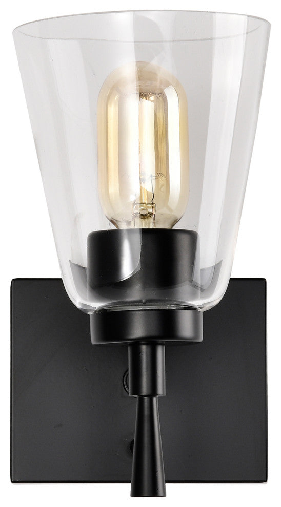 1-Light Matte Black Indoor Wall Sconce With Clear Cone Glass Shade