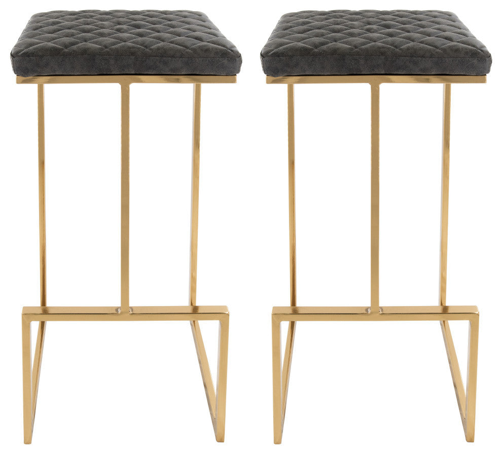 Quincy Leather Barstools, Square Seats and Gold Metal Frame, Set of 2, Gray