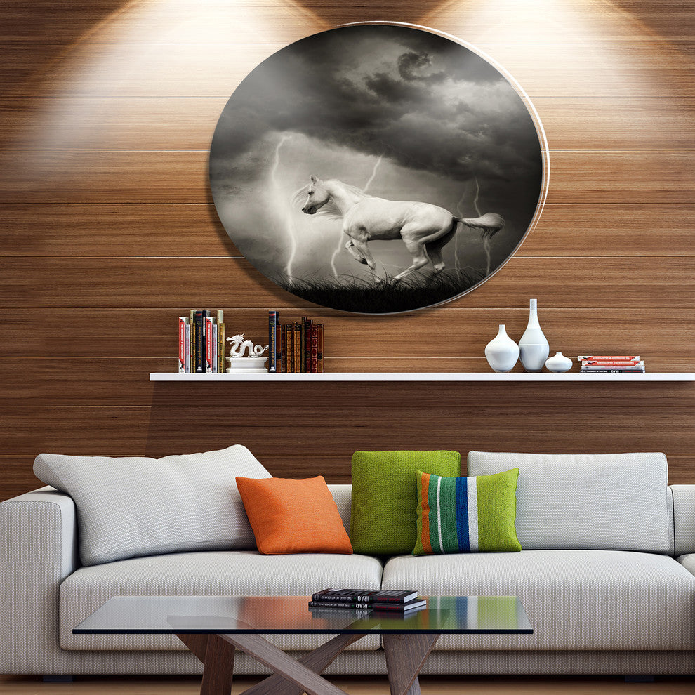 White Horse Under Thunder Sky, Animal Round Metal Wall Art, 23"