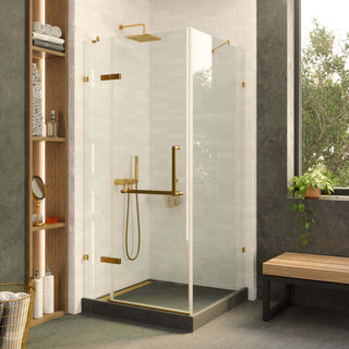 Shower Enclosure Hinged Frameless Tempered Glass, Satin Brass, 36"