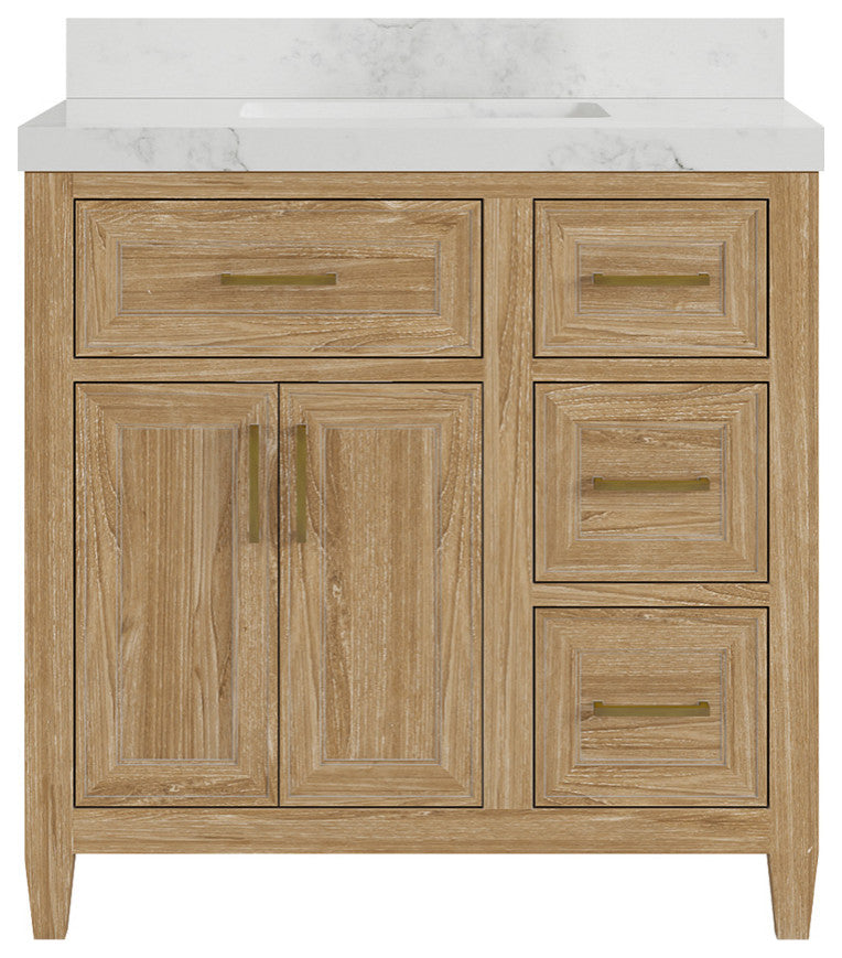 Santa Monica 36 Center Sink Bath Vanity in Whitewashed Teak 2" Calacatta Nuvo