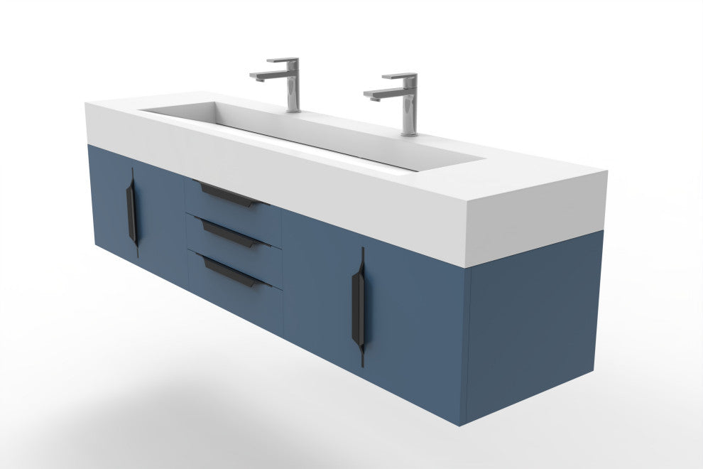 CastelloUSA Nile 72" Wall Mounted Bathroom Vanity Set, Blue, White Top, Black Handles