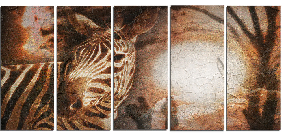 Vintage Style African Zebra, African Canvas Art Print, 60"x28", 5 Panels