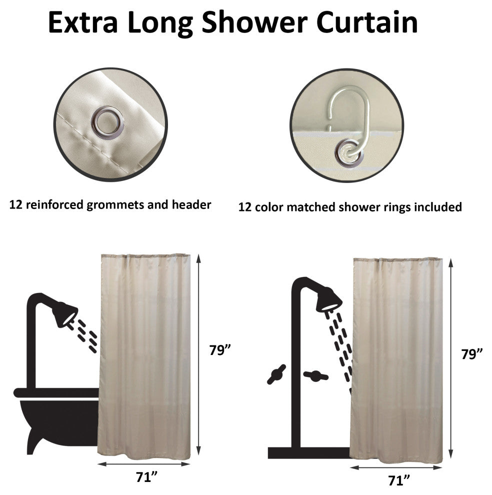 Extra Long Shower Curtain Polyester 12 Rings 79L x 71W, Taupe