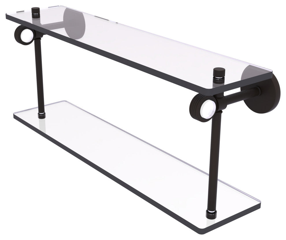 Clearview 22" Two Tiered Glass Shelf with Groovy Accents, Oil Rubbed Bronze