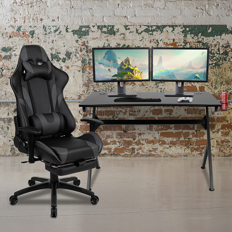 Black Gaming Desk & Footrest Reclining Chair Set, Gray
