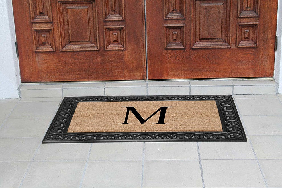A1HC Black Rubber and Coir Paisley Border Monogrammed Double Doormat, 30"X48", M