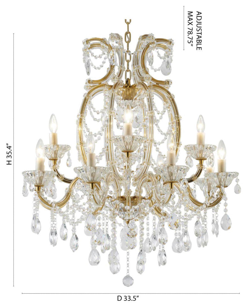 12-light Satin Brass Chandelier With Clear Hanging Crystals