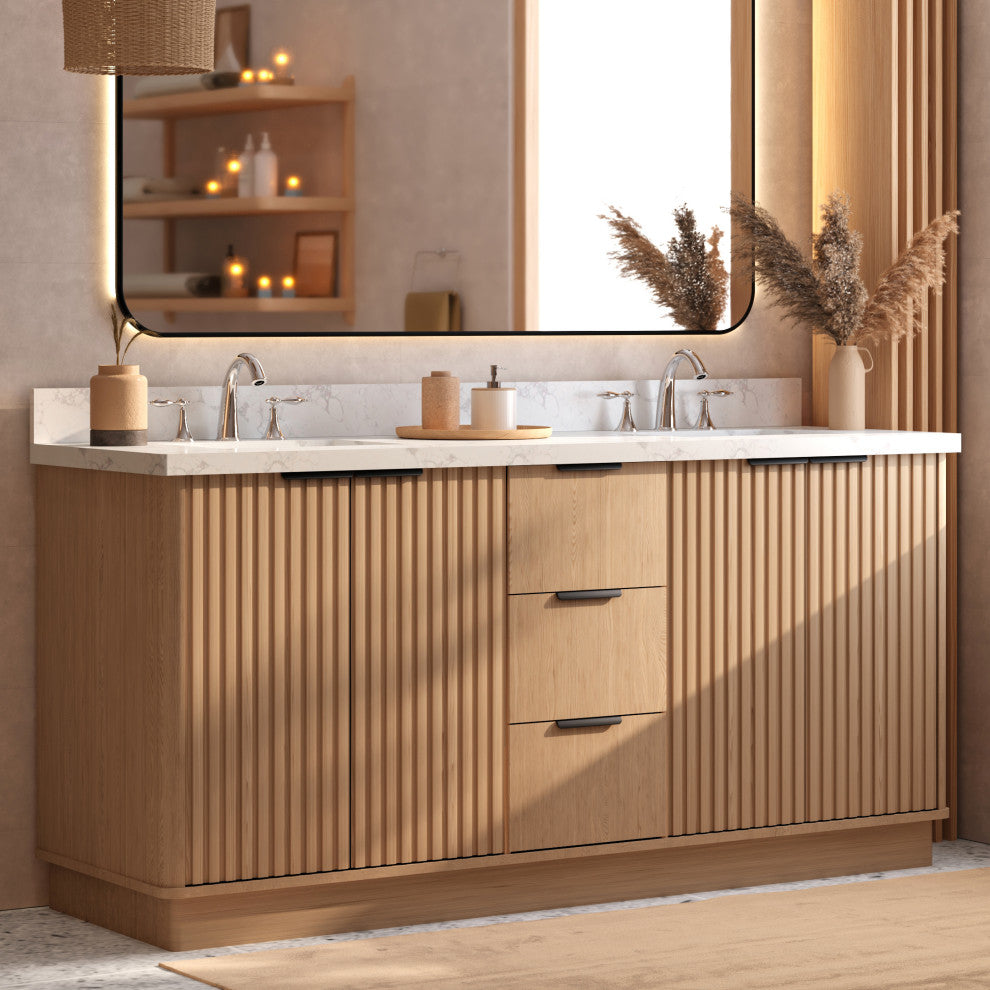 Kathryn Bathroom Vanity, Light Oak, 72", Double Sink, Freestanding