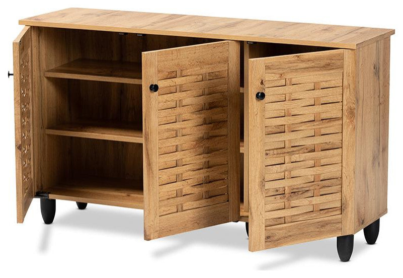 Winda Modern and Contemporary Oak Brown Finished Wood 3-Door Shoe Cabinet