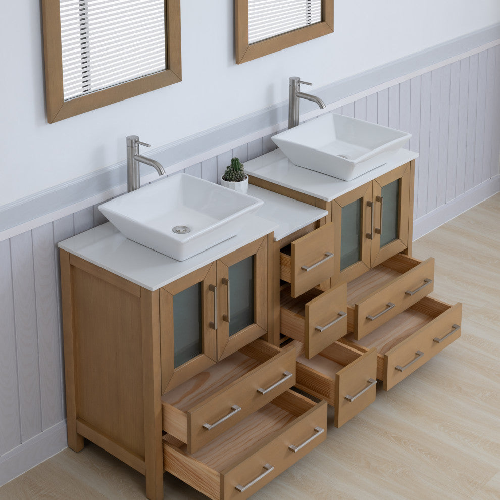 Vanity Art Bathroom Vanity Set With Sink, Natural Oak, 60", Standard Mirror