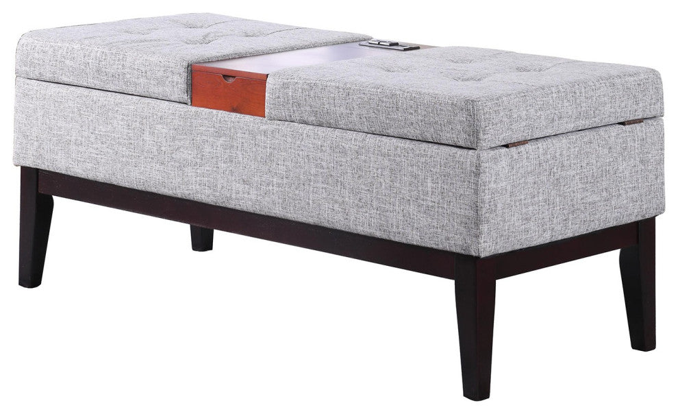 Light Gray Dual Lift Storage Bench With Charging Station