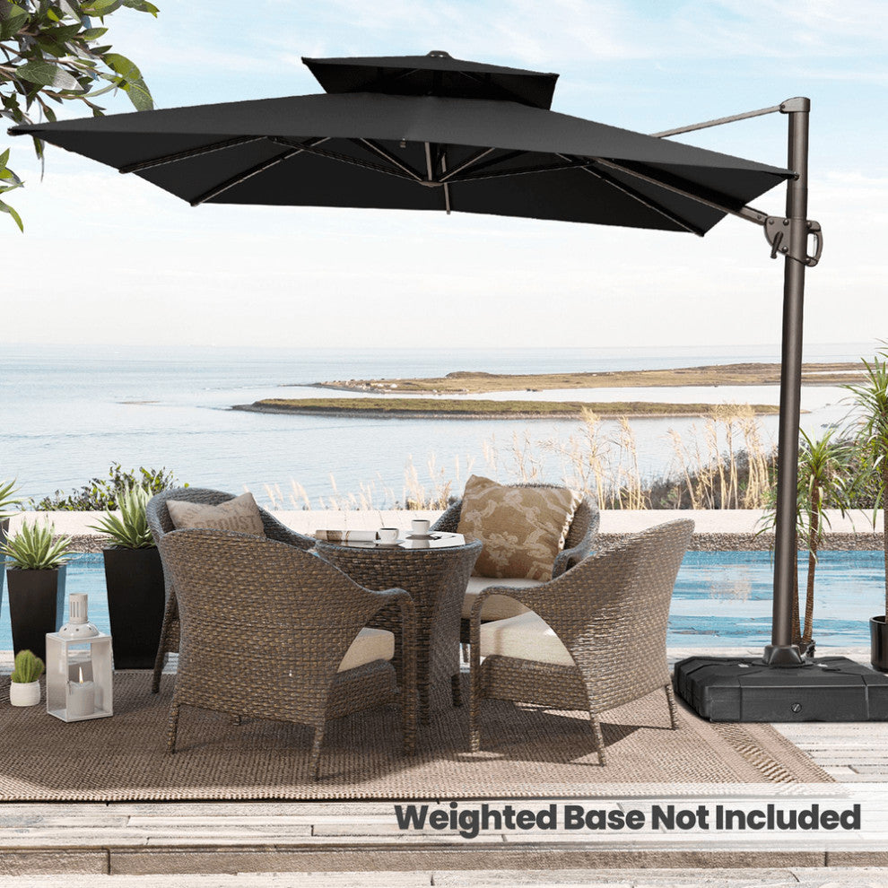 11' Black Polyester Round Tilt Cantilever Patio Umbrella With Stand
