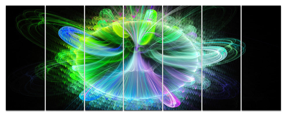 Bright Blue Fractal Vortices of Energy, Floral Canvas Print, 83"x32", 7 Panels