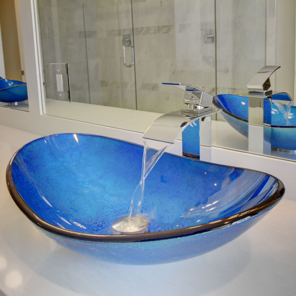 Azzurro Blue Foiled Oval Glass Vessel Bathroom Sink w/ Drain, TIG-S132-8031, Chrome