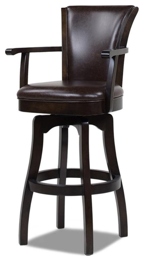 Maklaine Modern 31" Swivel Bar Stool with Armrests in Vintage Brown Faux Leather