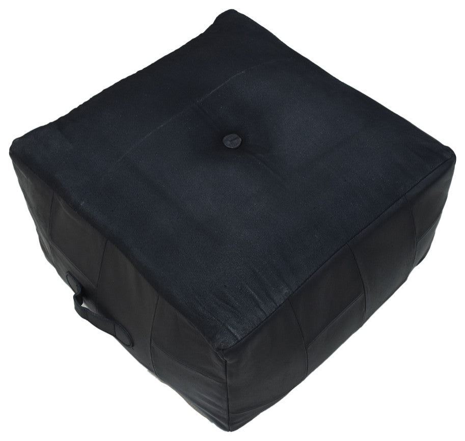 Geometric Handmade Leather Pouf (Recycled Foam with Fibre Fill) Black, (Square)21x21x12
