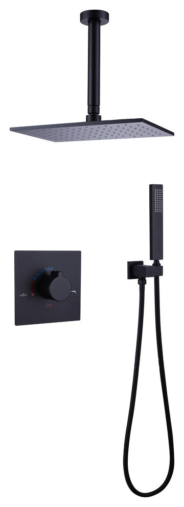 Ceiling Mounted Rain Shower System with Hand Shower-Includes Rough-in Valve, Matte Black