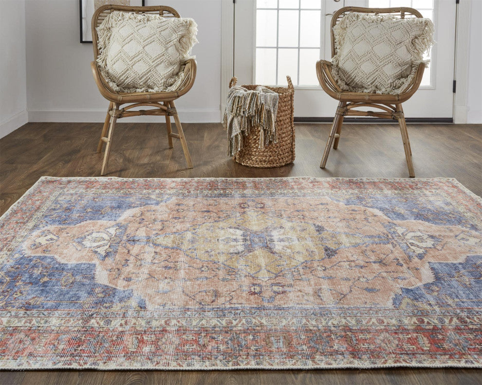 Prescott Vintage Machine Washable Rust/Blue Rug, 7'10"x9'10"