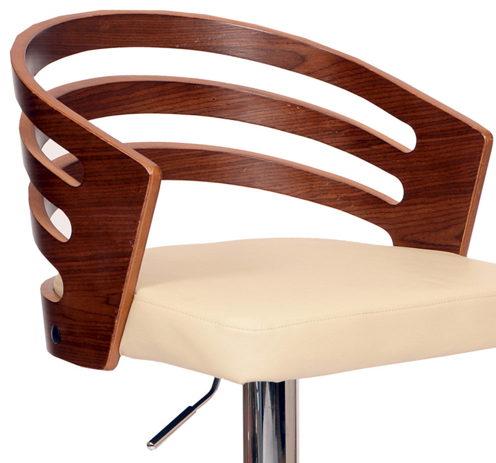 Cream Faux Leather Walnut and Chrome Adjustable Swivel Bar Stool