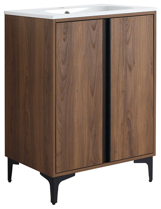 Single Vanity, Brown Walnut Finish With Solid Surface Resin White Sink, 24"