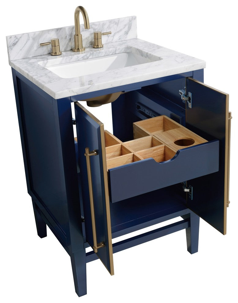 Mason 25" Vanity Combo, Navy Blue, Matte Gold Hardware / Natural 1" Carrara White Marble Countertop and Backsplash