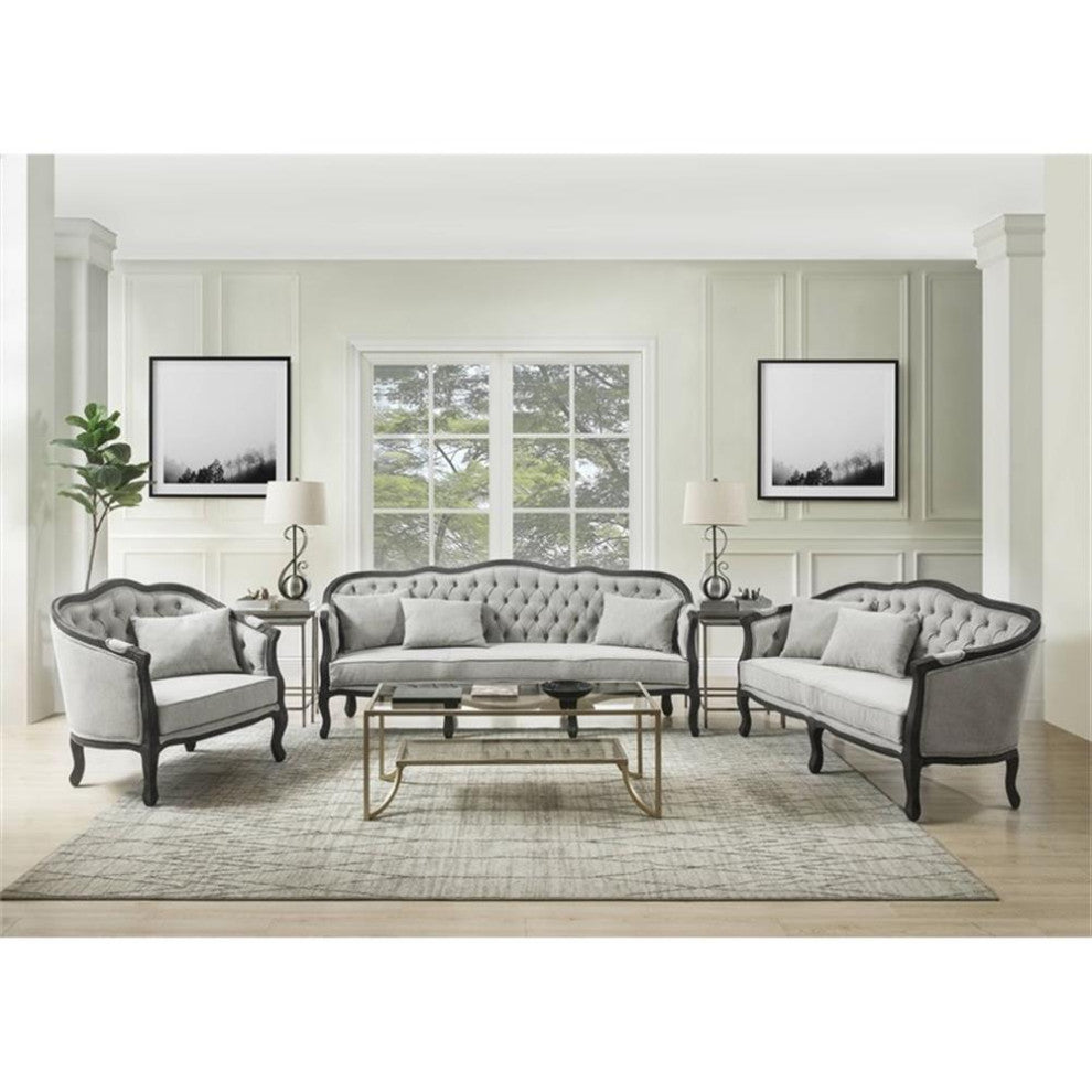 ACME Samael Linen Chair with Wooden Frame and Pillow in Gray and Dark Brown