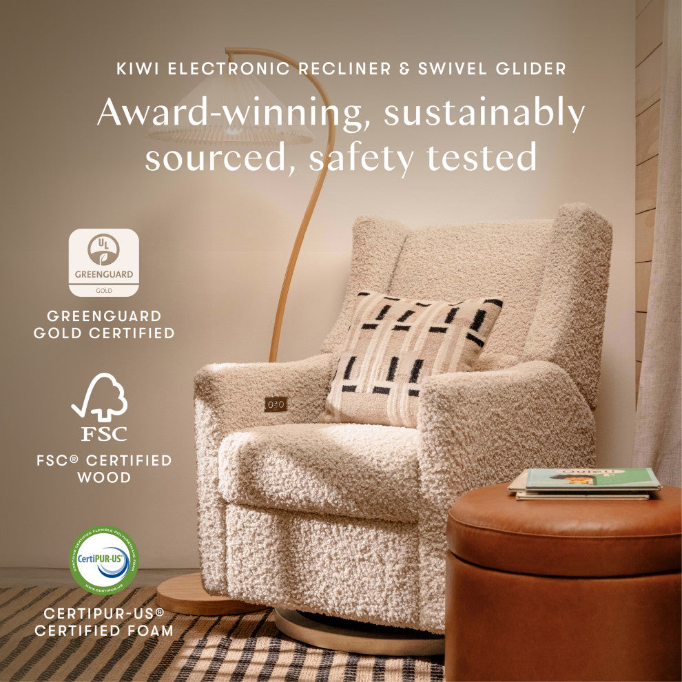 Kiwi Electronic Recliner and Swivel Glider With USB port, Almond Teddy Loop With Light Wood Base