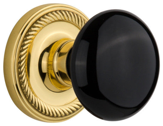 Rope Rosette Passage Black Porcelain Knob, Polished Brass