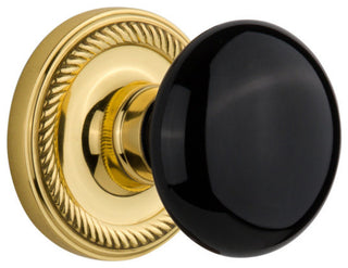 Rope Rosette Passage Black Porcelain Knob, Polished Brass