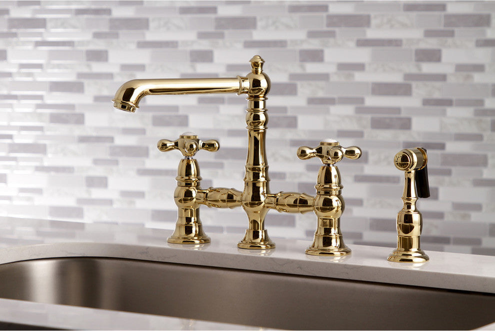 Kingston Brass Bridge Kitchen Faucet With Sprayer, Polished Brass